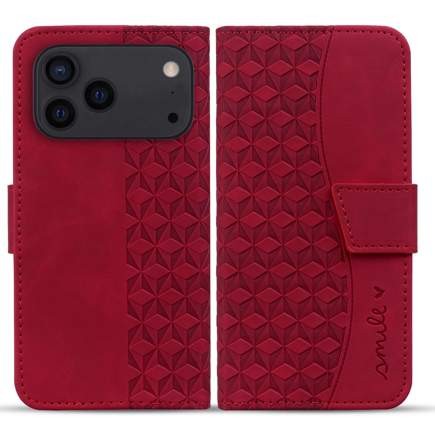 

For iPhone 17 Pro Max Case Rhombus Pattern Leather Wallet Phone Cover with Wrist Strap Red