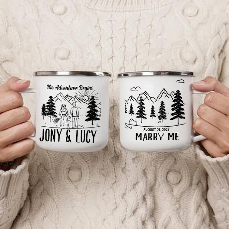 Tazza smaltata personalizzata per coppia, tazza con nome personalizzato, tazza da caffè al latte, tazza da falò, regali per matrimonio nella foresta, tazza da campeggio, tazze da montagna