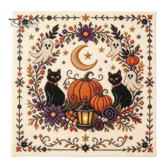 Kompletní balíček pro jehlovou práci Halloweenská výšivka, DIY sada stehů pro dospělé, Roztomilá čarodějnice, Světlý dýně, Duch, Černá kočka Vzor na stěnu