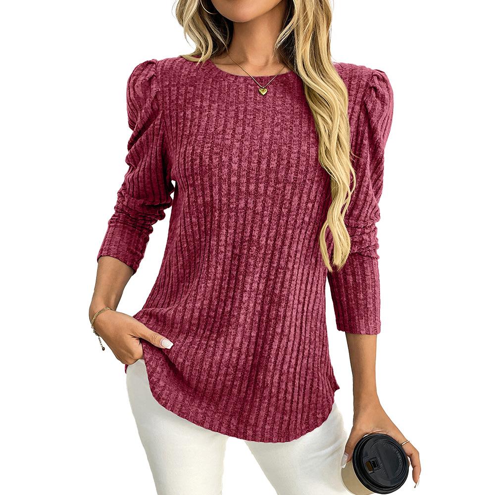 Women Solid Crew Neck Puff Sleeve Long Sleeve Brushed Striped T Shirt Top