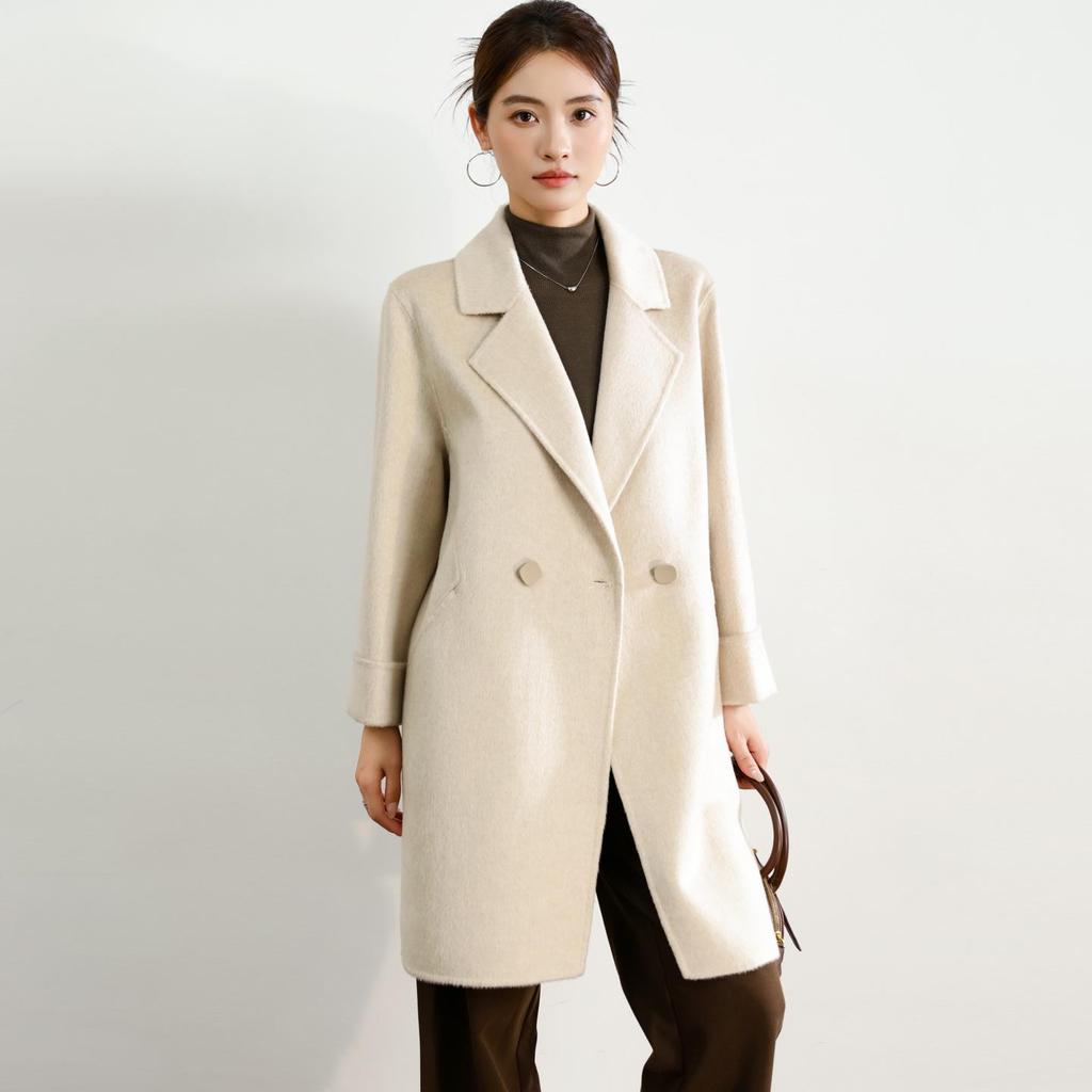 Women's Mid-Length Black Double-Faced Cashmere Wool Coat - 2025 Autumn/Winter Collection