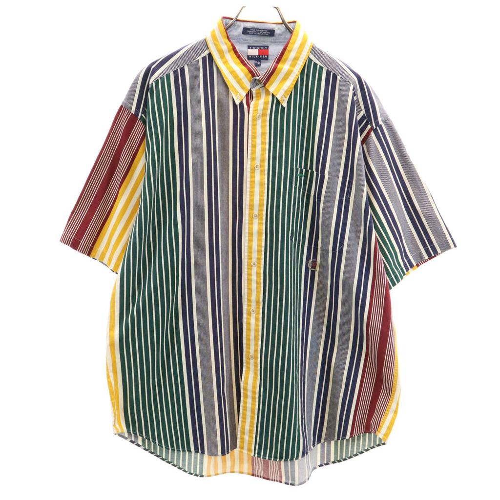 Tommy Hilfiger 90s Old Flag Tag Striped Pattern Short Sleeve Cotton Shirt Men's Used
