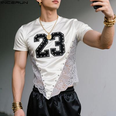 Men O Neck Short Sleeve Letter Print Lace Patchwork Irregular Tops T-shirts