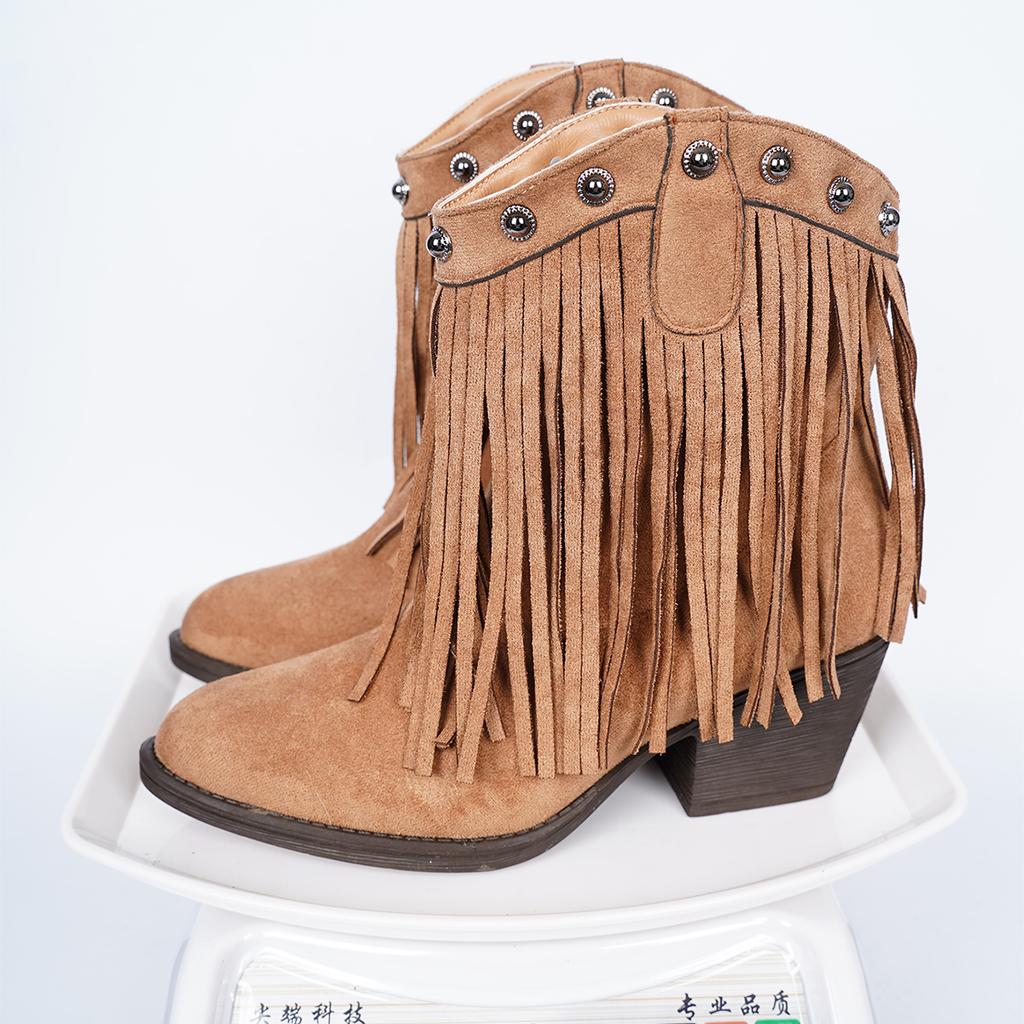 New Women'S Autumn Rivets Western Thick Heel Tassel Women Short Boots Roman Style Solid Suede Pointed Toe Gothic Boots Femmes