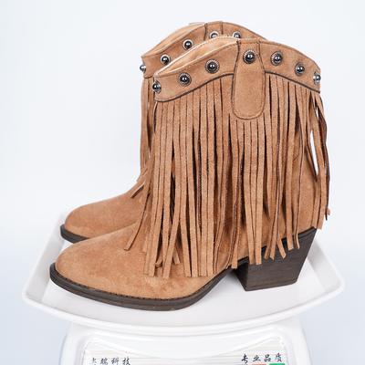 New Women's Autumn Rivets Western Thick Heel Tassel Women Short Boots Roman Style Solid Suede Pointed Toe Gothic Boots Femmes