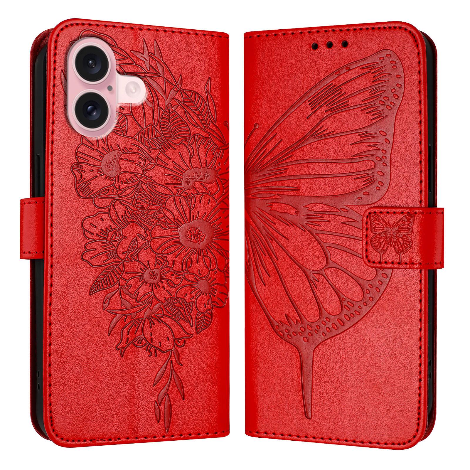 

For iPhone 16 Wallet Case with Wrist Strap Butterfly Imprint Leather Phone Cover Red