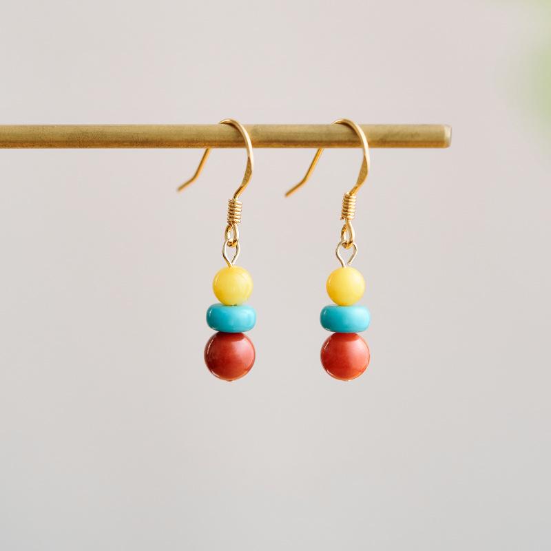 Boucles d'oreilles pendantes en argent style chinois avec agate rouge, turquoise et ambre pour femmes