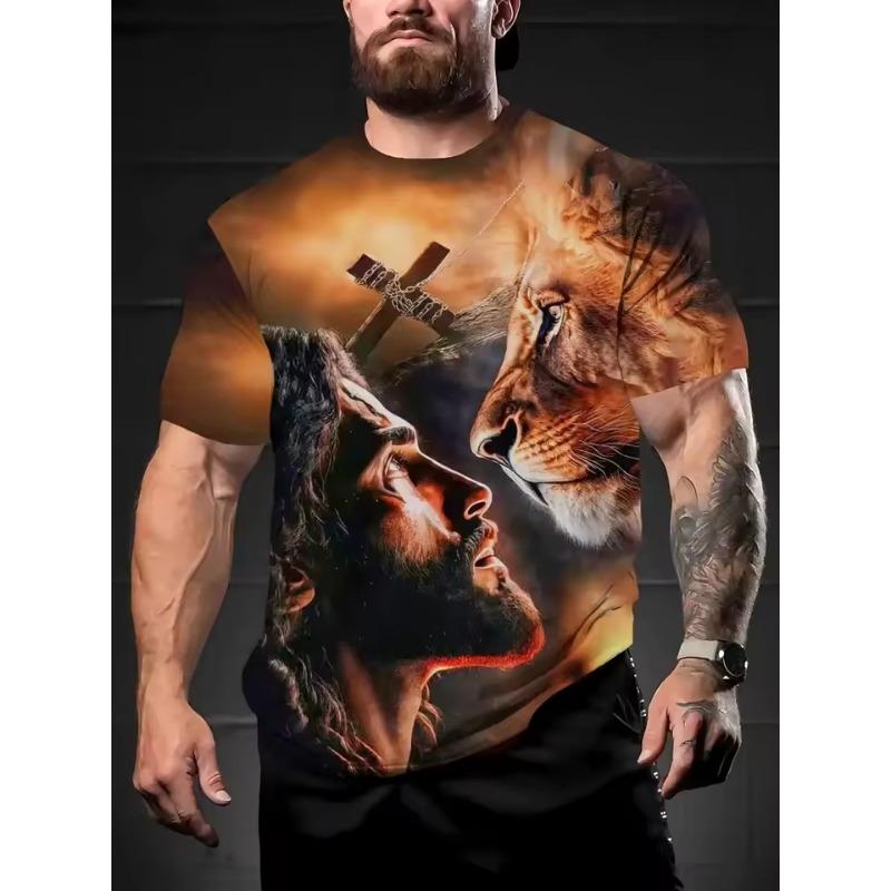 Męski T-shirt z nadrukiem na całej powierzchni z grafiką Jezusa i lwa, topy, casualowy T-shirt z krótkim rękawem i okrągłym dekoltem, letni, oversize, męskie koszulki