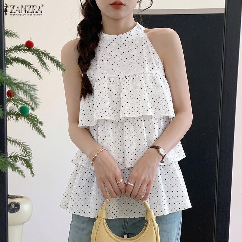 ZANZEA Women Polka Dot Print Casual Off Shoulder Sleeveless Vest Tops