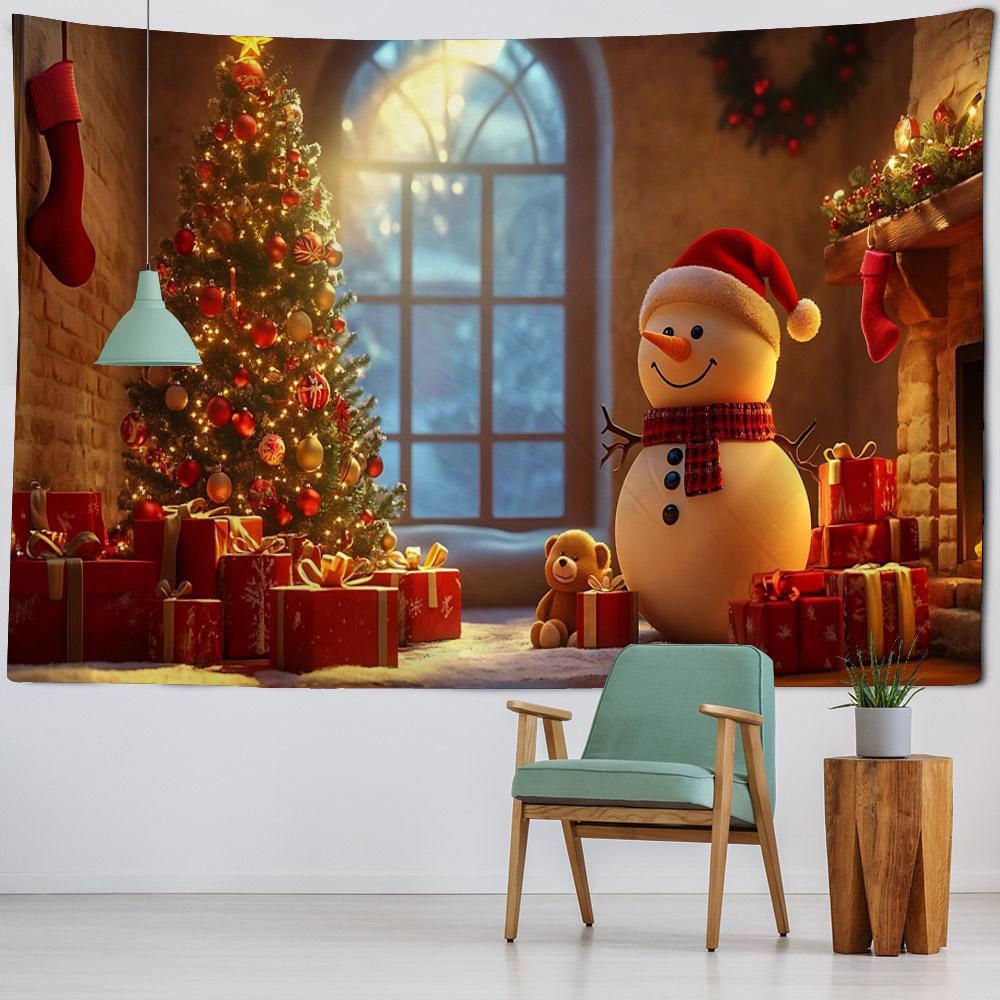 Christmas Snowman Tree Tapestry Cozy Room Xmas Holiday Party Backdrop Wall Hanging Photography Background Decor (