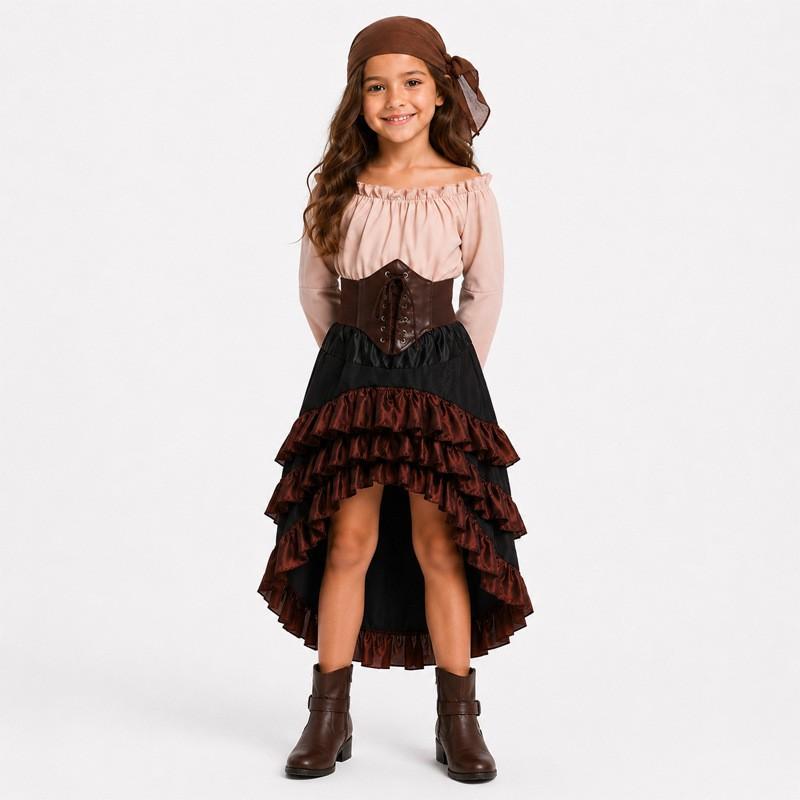 Halloween Costume Dress Girls Vintage Asymmetrical Hem High Waist Ruffle Skirt Pirate Theme Stage Outfit