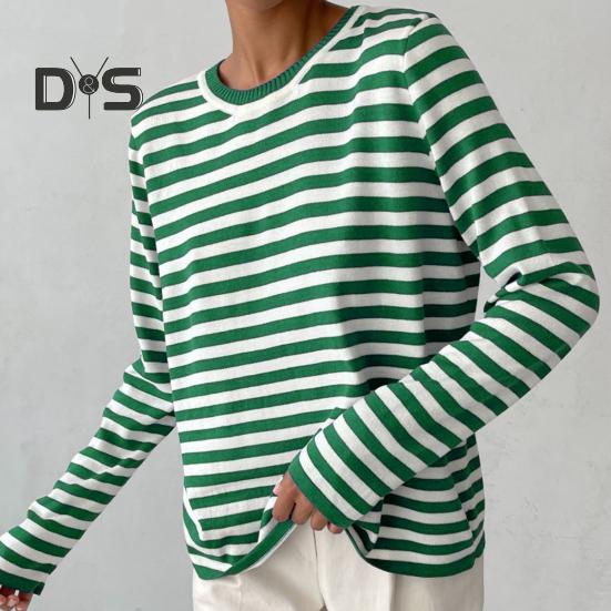 Dámské topy Kulatý výstřih Dlouhý rukáv Svetr s pruhovaným potiskem Volný střih Pružný Retro Pletené topy Denní nošení