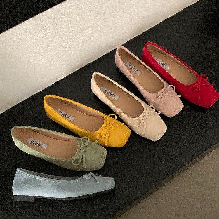 Suede Flat-heeled Single Shoes 2025 Spring New Flat-heeled Middle Mouth Without Inner Lining One-pedal Square Head Casual Doudou Shoes Women
