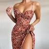 Spaghetti Straps Pleated Lady Dress Split Hem Summer Floral Print Sling Midi Dress for Daily Wear