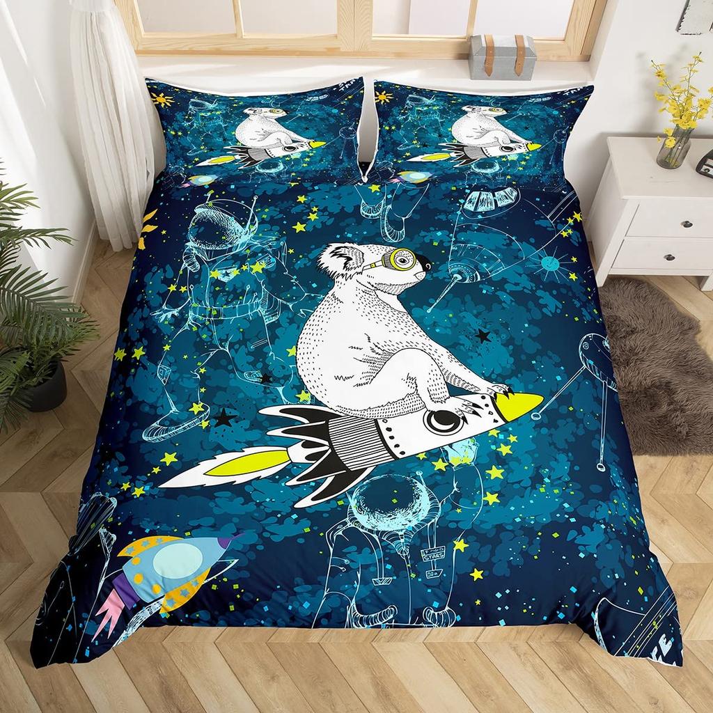 For Kids Boys Girls Bedroom Decor - Rocket Astronaut Space Theme Duvet Cover Set King Queen Full Size Polyester Comforter Cover