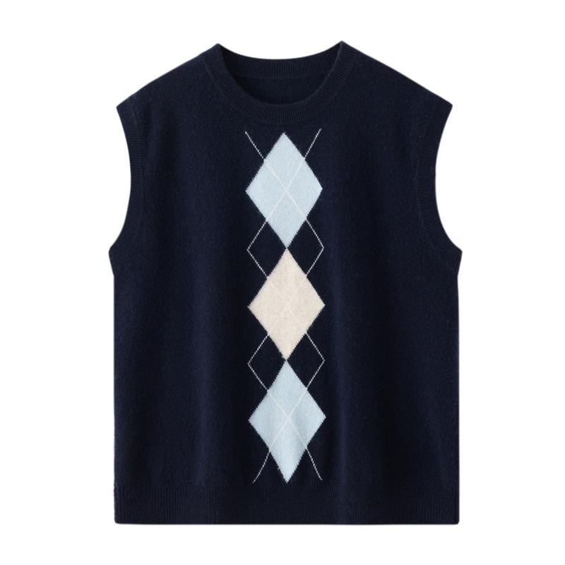 Retro British Diamond Pattern Sleeveless Cashmere Vest