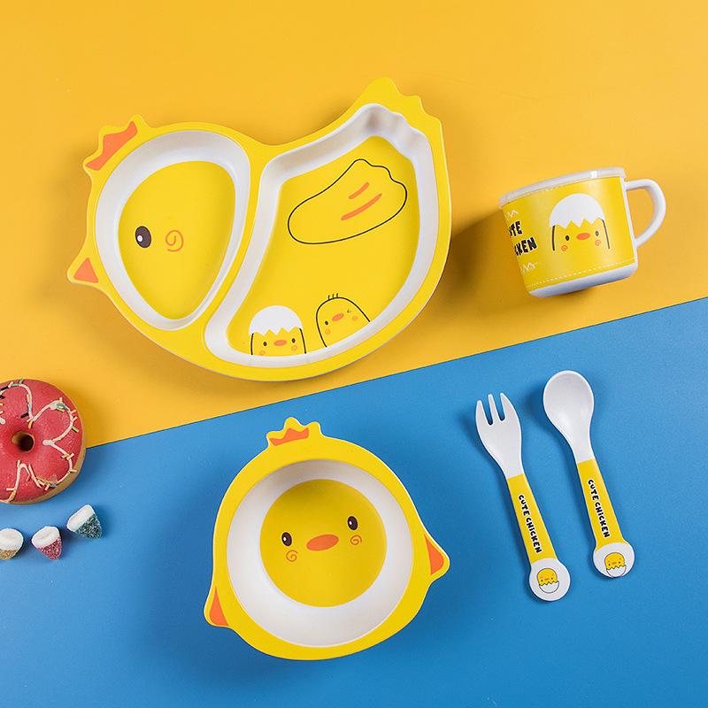 

Новый детский набор столовых приборов из бамбукового волокна, разделенная тарелка для дополнительного питания для детей, детская миска для дополнительного питания, ложка, вилка