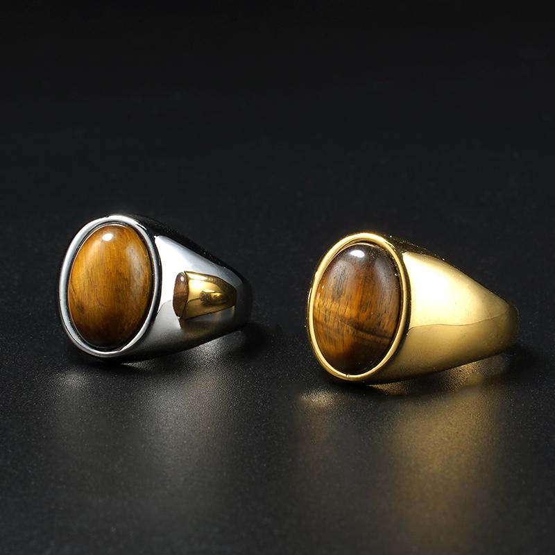 Men's Ring with Natural Tiger's Eye 316L Stainless Steel Male Female Ring