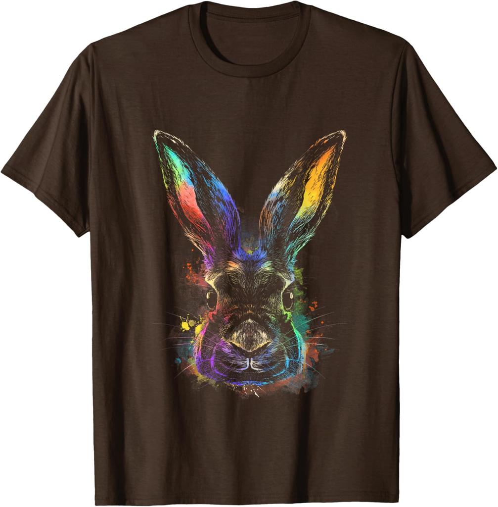Colorful Rainbow Watercolor Rabbit Graphic Tee Men Casual Crew Neck Daily T-Shirt Easter