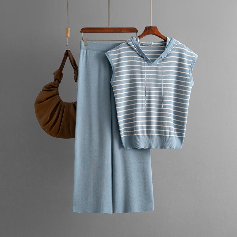 Fashion Set Women's Summer Sleeveless Hooded Striped Knitted Top High Waist Wide Leg Pants Two-piece Set