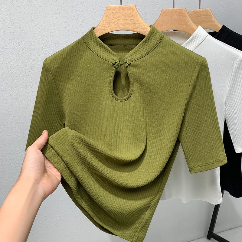 Tričko se středním rukávem Dámské Nové Dámské Oblečení Stojáček Přezka Jednobarevné Tričko s polovičním rukávem Retro Nový čínský top do pasu