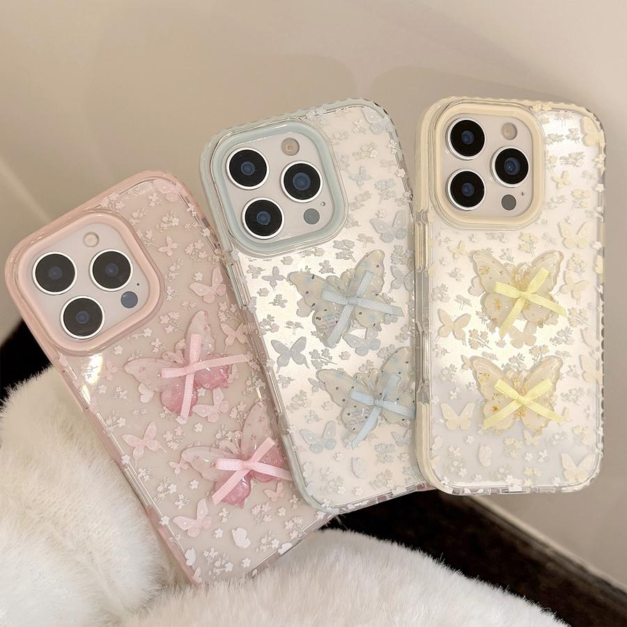 2 i 1 3D Sommerfugl med Sløyfe Gjennomsiktig Deksel til iPhone 17 16 15 14 13 12 Støtsikkert Anti-Gulnende TPU-deksel, Søtt Estetisk Beskyttende Telefondeksel