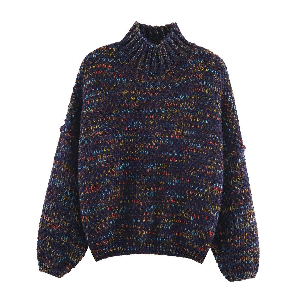 Autumn Winter Floral Yarn Chunky Knit High Neck Sweater - Women's Loose Fit