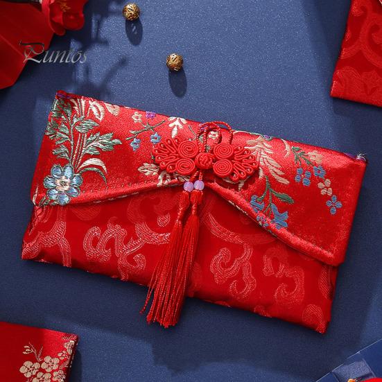 Chinese Red Envelope Embroidered Satin Cash Envelope Lucky Money Envelope Pocket for Wedding Spring Festival Banknotes Gift