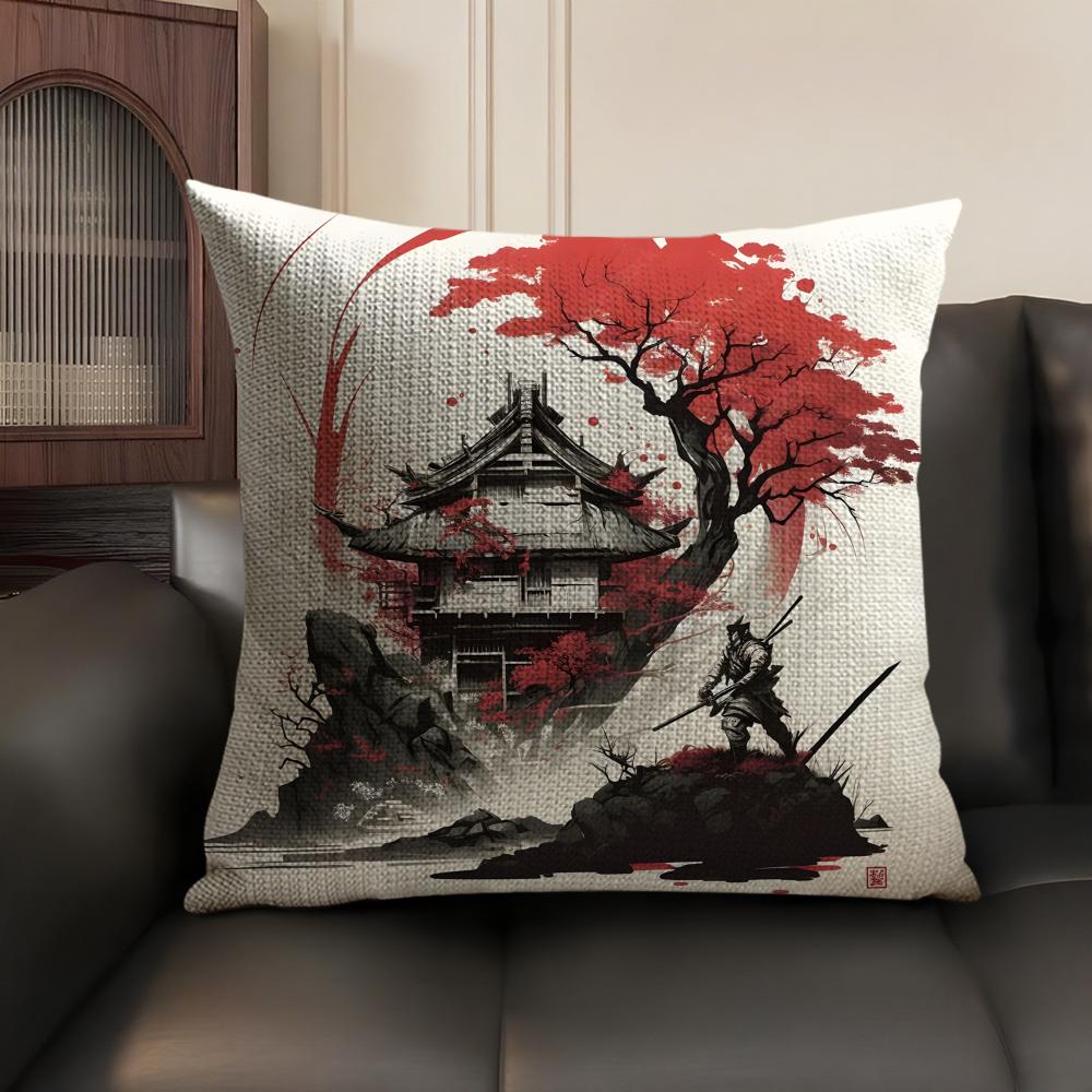 Chinese Ink Painting Style Pillow Case Natural Linen Organic Fabric Double-Sided Printing Sofa Home Decor Gift Cushion Cover