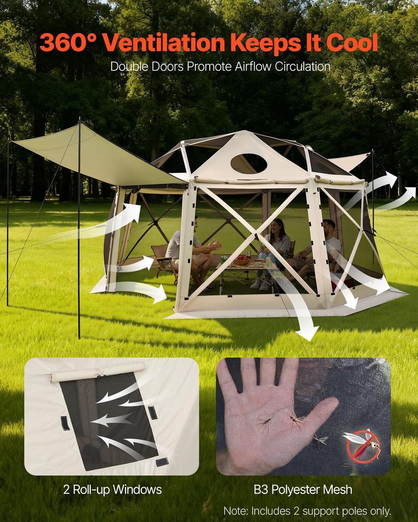 Pop up Gazebo Screen Tent, 4.57 x 4.57 m, 13-Sided Spherical Camping Canopy Tent with Removable Top & Carry Bag, Quick-Set & Bite-Proof, Screen House