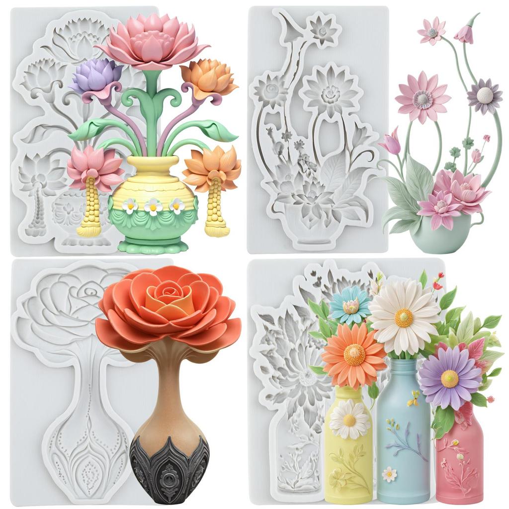 Flower Vase Silicone Molds Lotus Rose Daisy Flower Fondant Mold Relief Flower Mold Cake Decorating Tools Cupcake Topper Candy Chocolate Gumpaste Mold