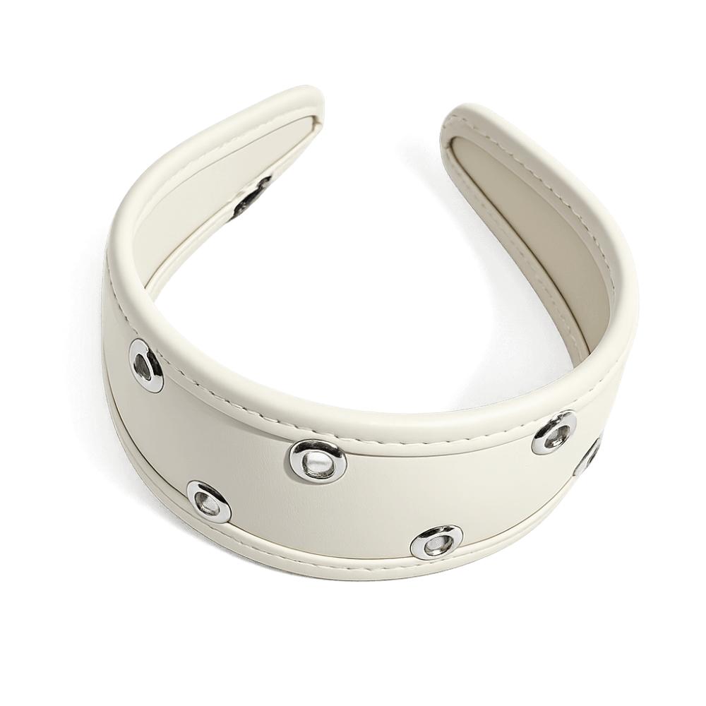 

Wide Metal Rivets Headwear Black and Red Hollow Ring Hair Hoop Leather Headband Festival білий