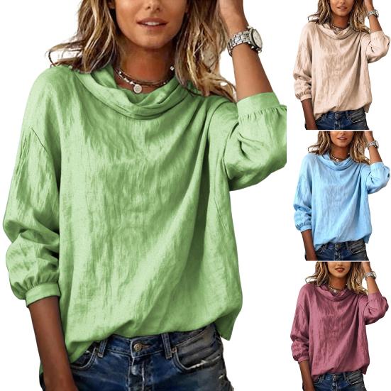 Women Tops Long Sleeve Irregular Neckline Solid Color Commuter Blouse Solid Color Loose Fit Pullover Tops Casual Office Date Wear