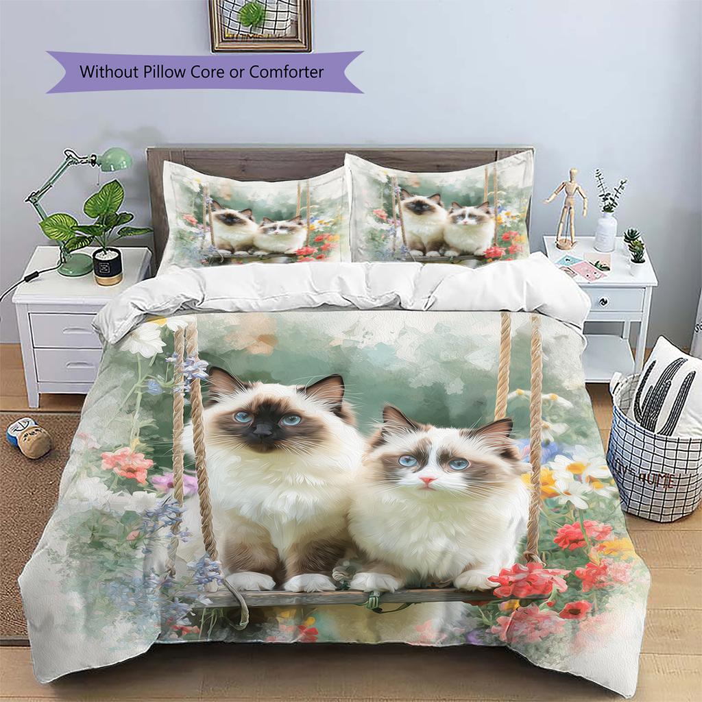 Ragdoll Cat and Fresh Flowers Pattern Bedding Home Decoration Birthday Gift (1 * Duvet Cover + 2 * Pillowcase, Without Core)