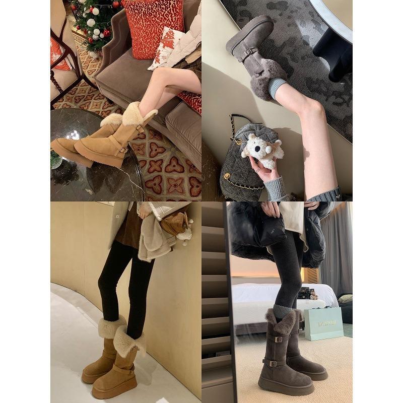 Buckle Thick-soled Fluffy Flanged Thermal Cotton Shoes Medium and Long Snow Boots Women's Winter Models