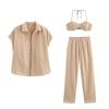 2025 Spring Women's European & American Style Fashion Temperament Shirt, Camisole, and Long Pants Three-Piece Set