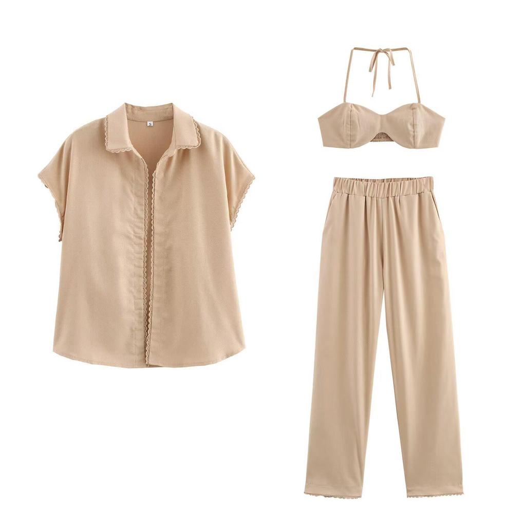 2025 Spring Women's European & American Style Fashion Temperament Shirt, Camisole, and Long Pants Three-Piece Set