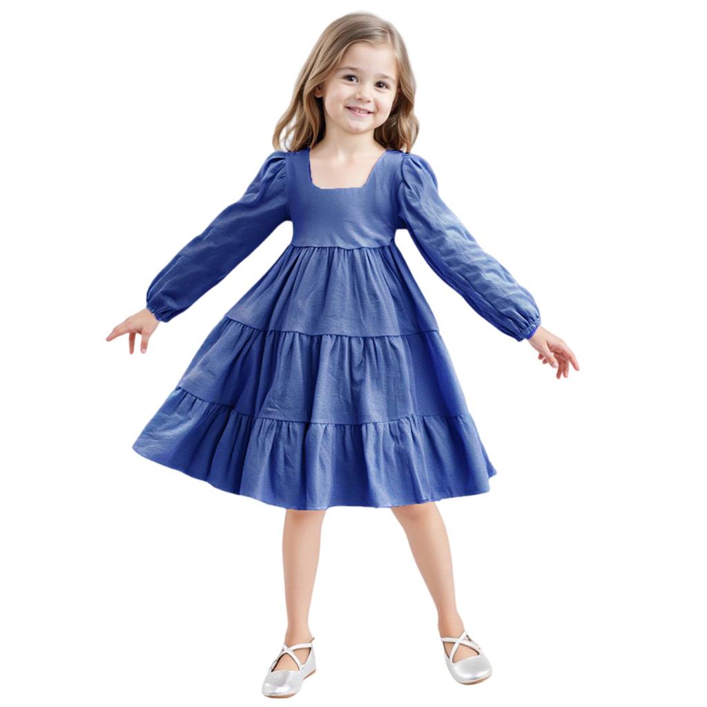 Girls' Fashion Cute Solid-Color Doll-Style Forest-Inspired Long-Sleeve Sweet Dress
