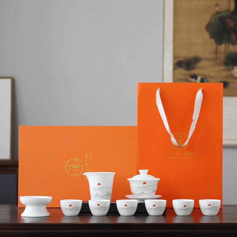 Ceramic suet jade porcelain kung fu tea set business company banking enterprise festival high-end gifts