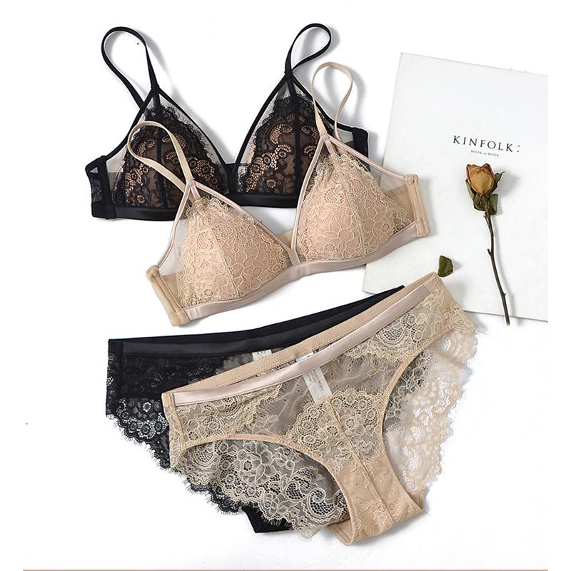 Set reggiseno a triangolo sexy in pizzo patchwork in rete leggermente foderato reggiseno senza fili per seni piccoli set slip intimo donna lingerie