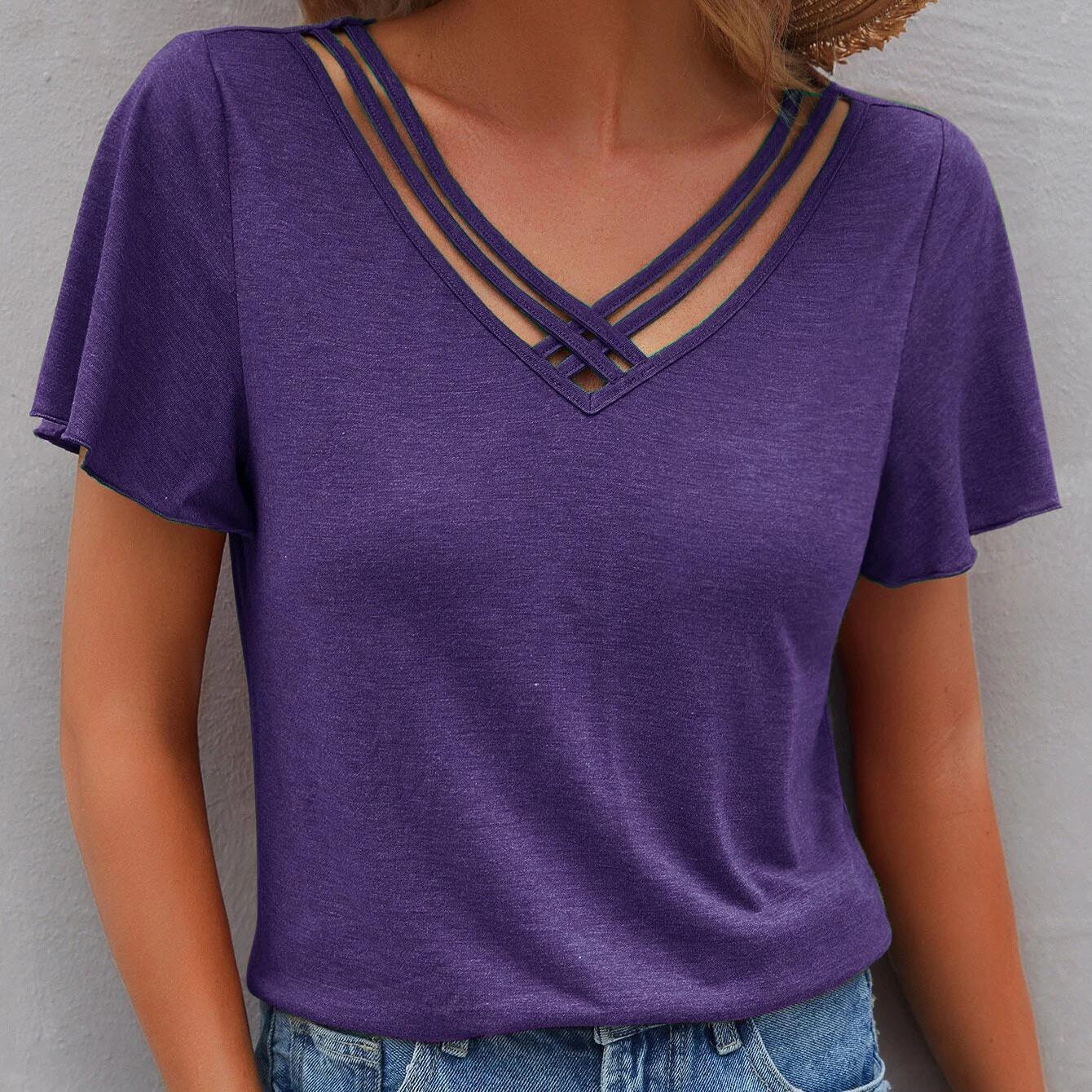 

Летняя женская однотонная футболка с короткими рукавами и листьями лотоса, лето 2024 XL фиолетовый