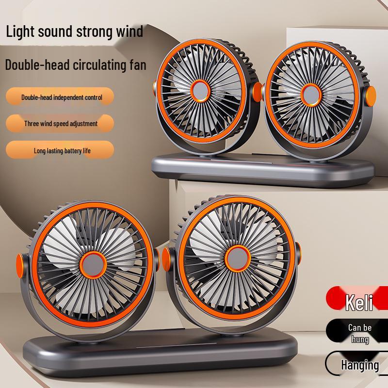 USB Rechargeable Dual-Head Desktop Fan for Home and Car, High Wind Power Air Circulator
