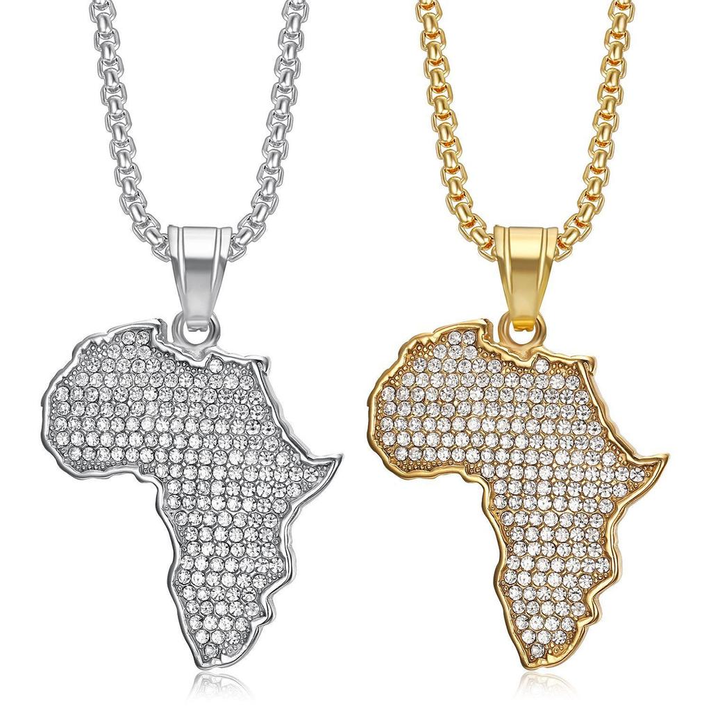Zirconium-inlaid African Map Pendant Necklace Men's Hip-hop Stainless Steel Jewelry