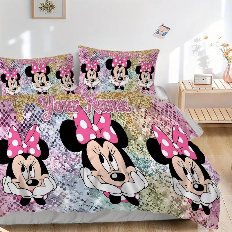 Custom 3pcs Minnie Polka Sparkle Bow Bedding Sets For All Sizes New 104D Printed Bed Cover Comforter Duvet Cover Pillowcase Bedroom Decoration