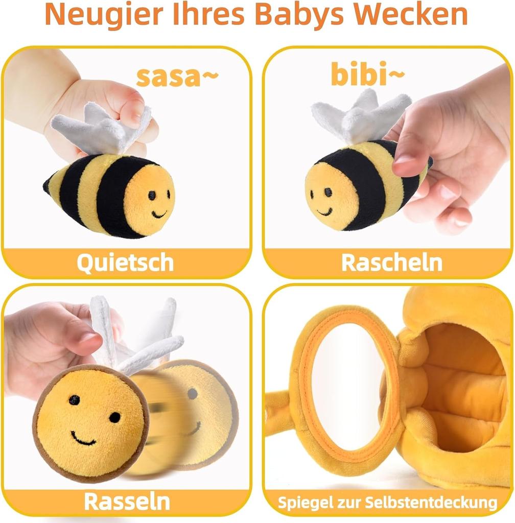 Babyspielzeug 6-12 Monate, 6-in-1 Baby-Bienenstock mit 5 Bienen Montessori Sensorisches Spielzeug mit Scheune, Rassel, Spiegel, Pädagogische Spiele für Kinder und Motorik