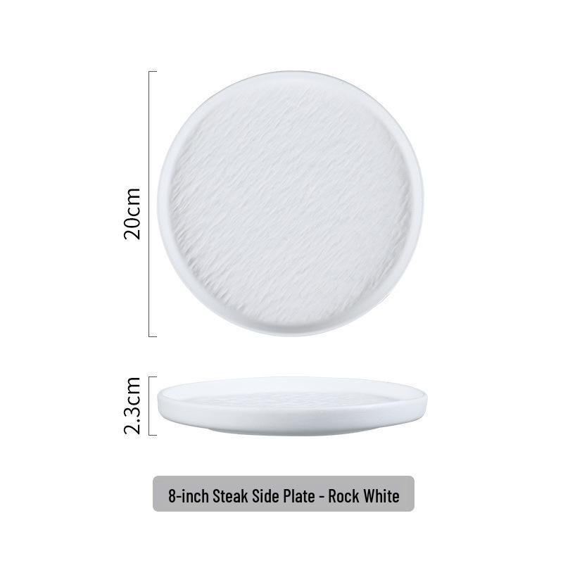 White Ceramic Dinner Plate with Rock Pattern - High-End Luxury Steak and Pasta Dish