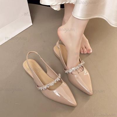 Fashion Elegant Patent Leather Low Heel Sandals for Women Shiny Crystal Pointed Toe Party Dress Shoes Size40 Comfort Slingback Sandals