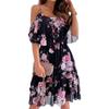 Women's Spring/Summer New European And American Chiffon Printing Sexy Off Shoulder Strap Large Swing Ruffle Edge Dress