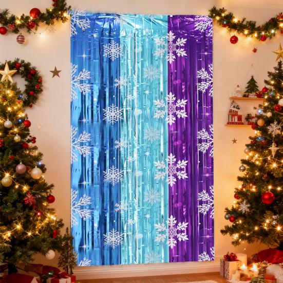 Snowflake Foil Fringe Curtains Metallic Silver Blue Snowflake Tinsel Streamer Photo Backdrop for Christmas Winter Wonderland Freeze Party Decoration
