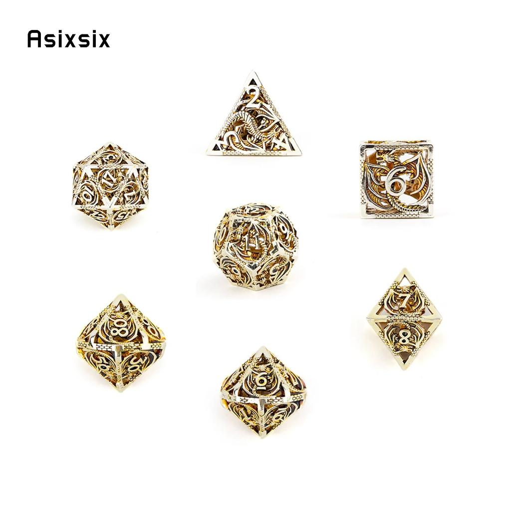 7 Pcs Light Golden Dragon Metal Dice Dragon Hollow Metal Polyhedral Dice Set Suitable for Role-Playing RPG  Board Game Card Game